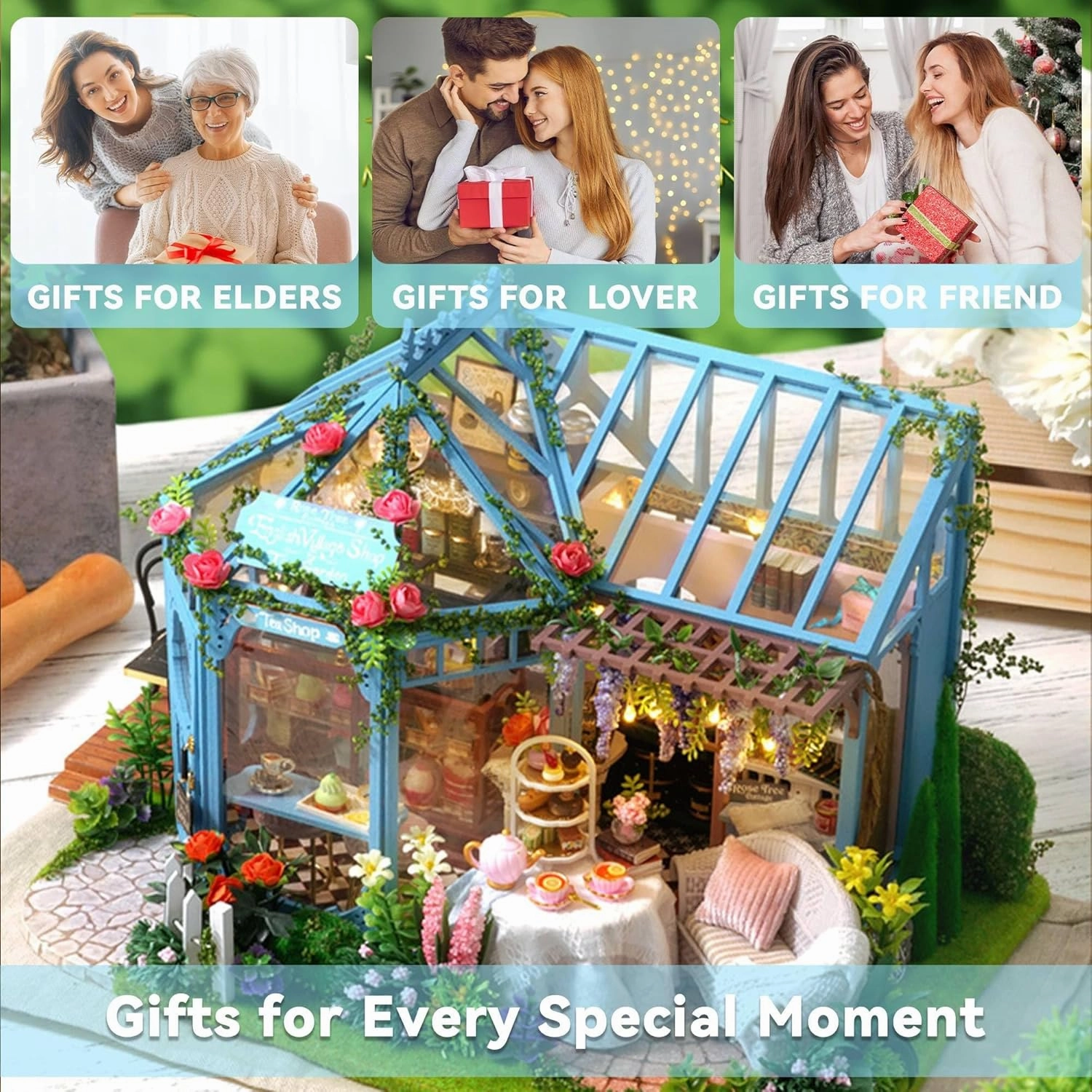 Flever Dollhouse Miniature DIY House Kit Creative Room with Furniture for Romantic Artwork Gift-Rose Garden Tea House