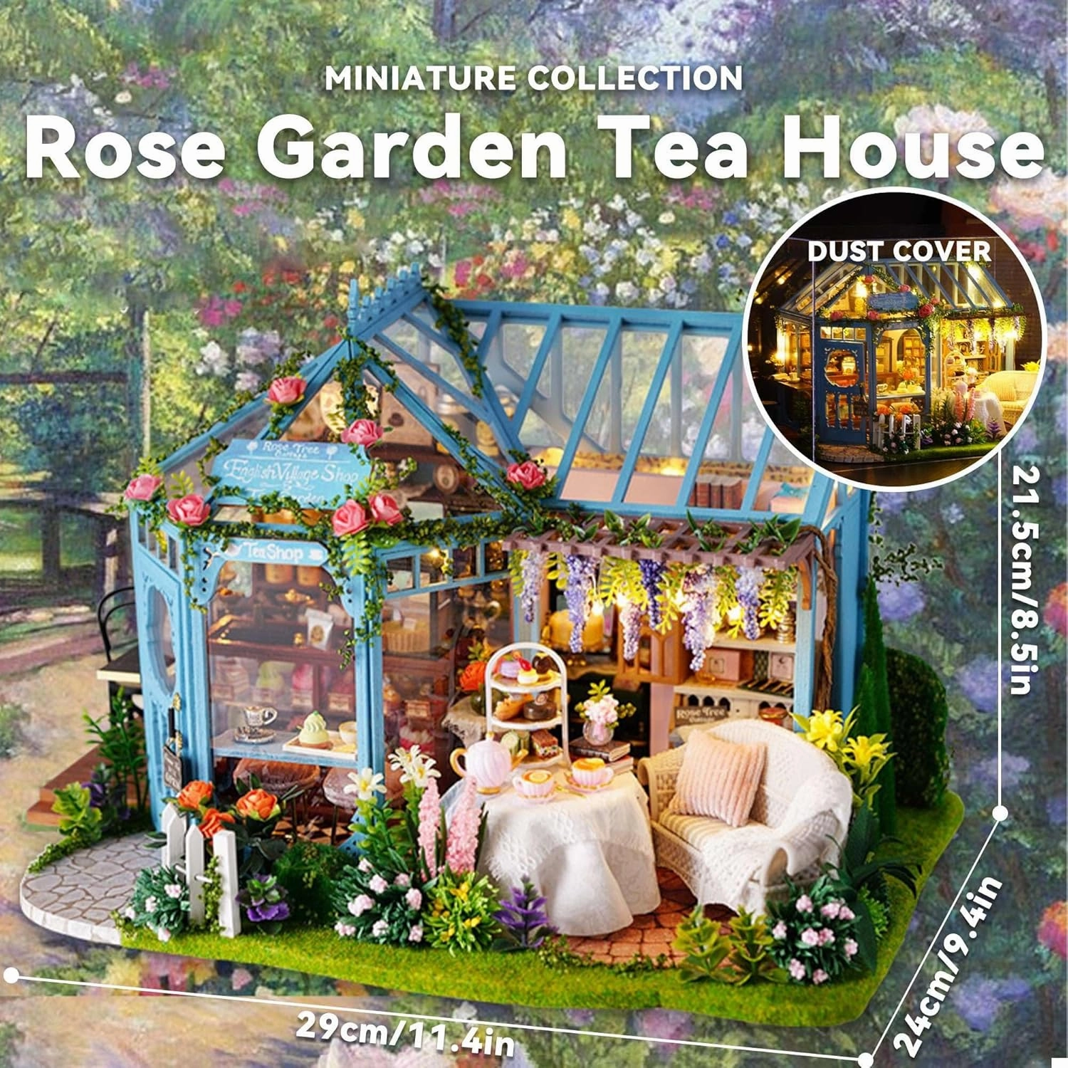 Flever Dollhouse Miniature DIY House Kit Creative Room with Furniture for Romantic Artwork Gift-Rose Garden Tea House