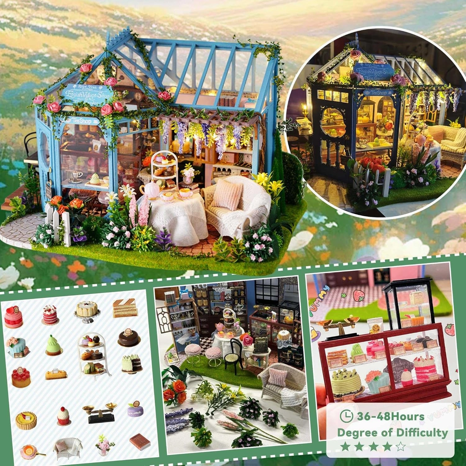Flever Dollhouse Miniature DIY House Kit Creative Room with Furniture for Romantic Artwork Gift-Rose Garden Tea House