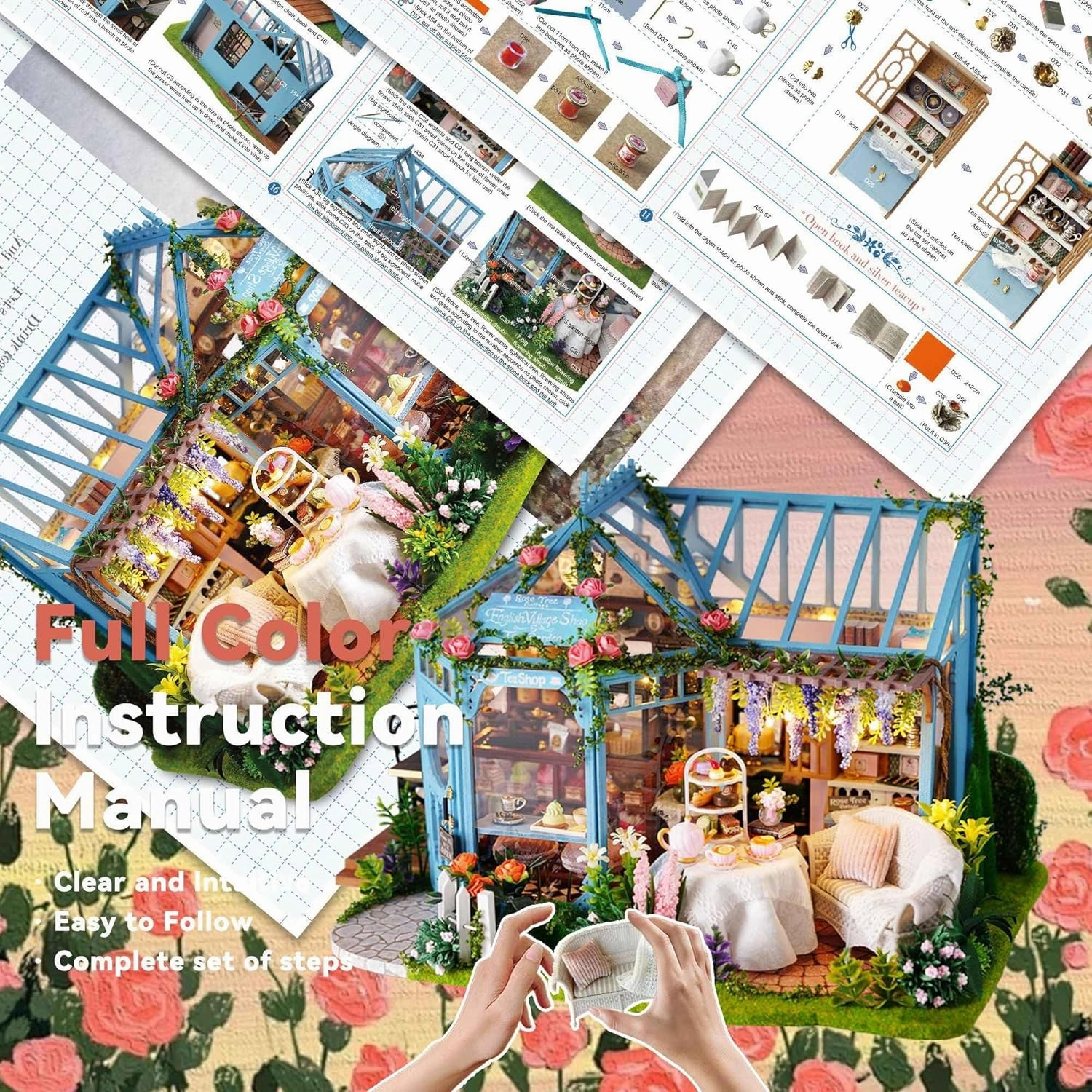 Flever Dollhouse Miniature DIY House Kit Creative Room with Furniture for Romantic Artwork Gift-Rose Garden Tea House