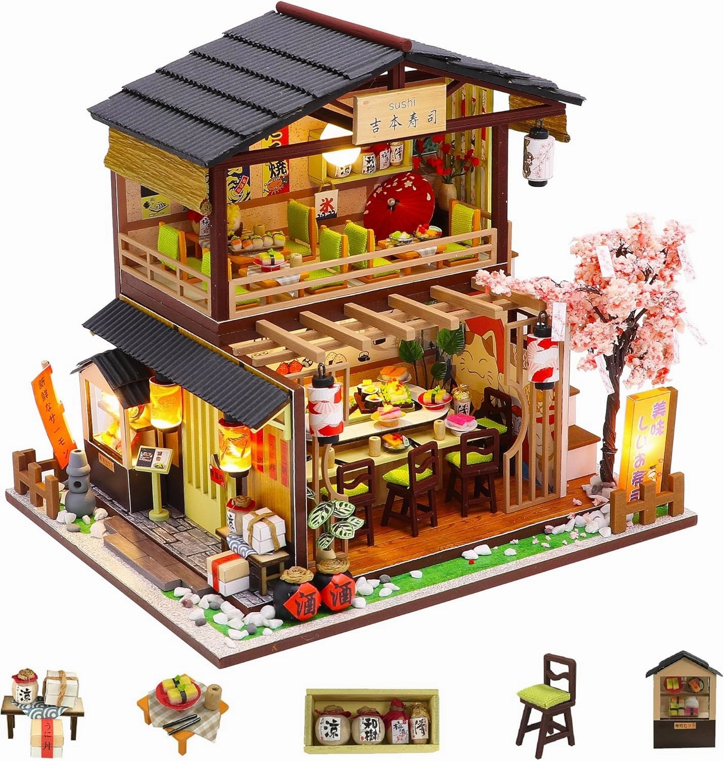Flever Dollhouse Miniature DIY House Kit Creative Room with Furniture for Romantic Valentine's Gift (Gibon Sushi)