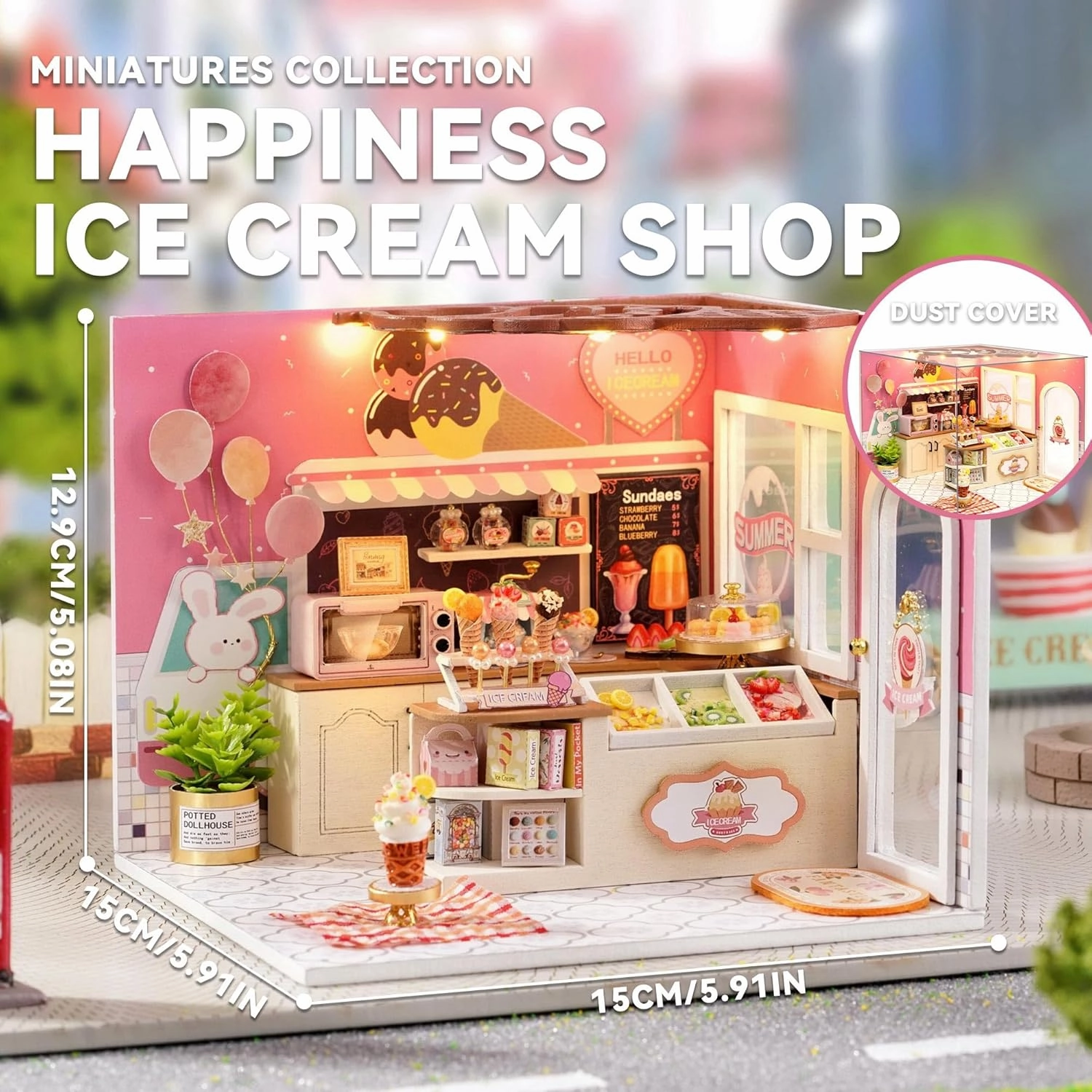 Flever Dollhouse Miniature DIY House Kit Creative Room with Furniture for Romantic Valentine's Gift (Happiness ice Cream Shop)
