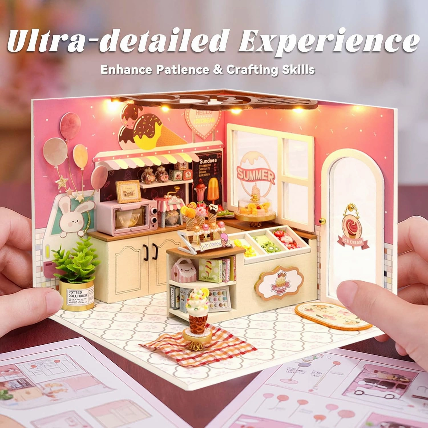 Flever Dollhouse Miniature DIY House Kit Creative Room with Furniture for Romantic Valentine's Gift (Happiness ice Cream Shop)