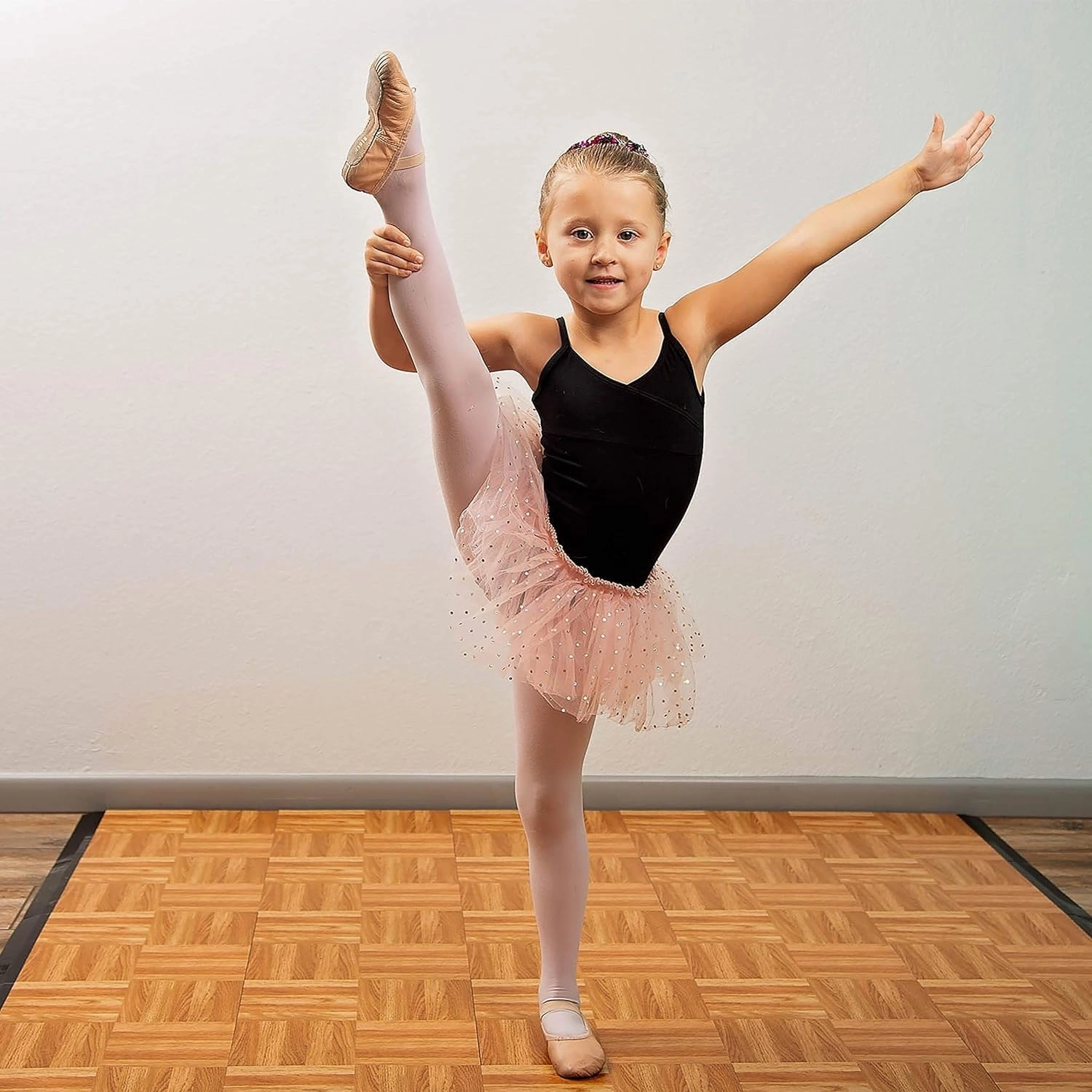 Flooring Inc's 3/8" Thick Interlocking Lightweight Plastic Practice Dance Floor Kit, Printed Dance Temporary Flooring Over Carpet for Practice and Performance of Countless Dance Styles