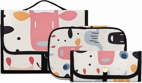Foldable Hanging Travel Toiletry Organizer Set 3-Piece with Cosmetic Bag & Brush Holder - Cute Illustration Cow