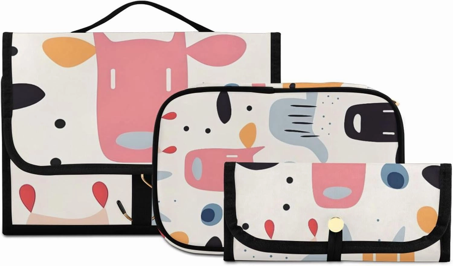 Foldable Hanging Travel Toiletry Organizer Set 3-Piece with Cosmetic Bag & Brush Holder - Cute Illustration Cow