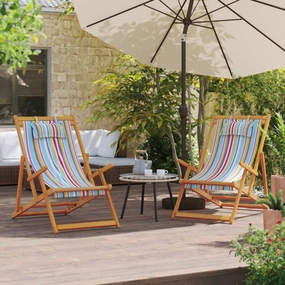 Folding Beach Chairs 2 pcs Multicolor Fabric, Reclining with Adjustable Positions, Weather-Resistant Eucalyptus Wood Frame, Portable Design