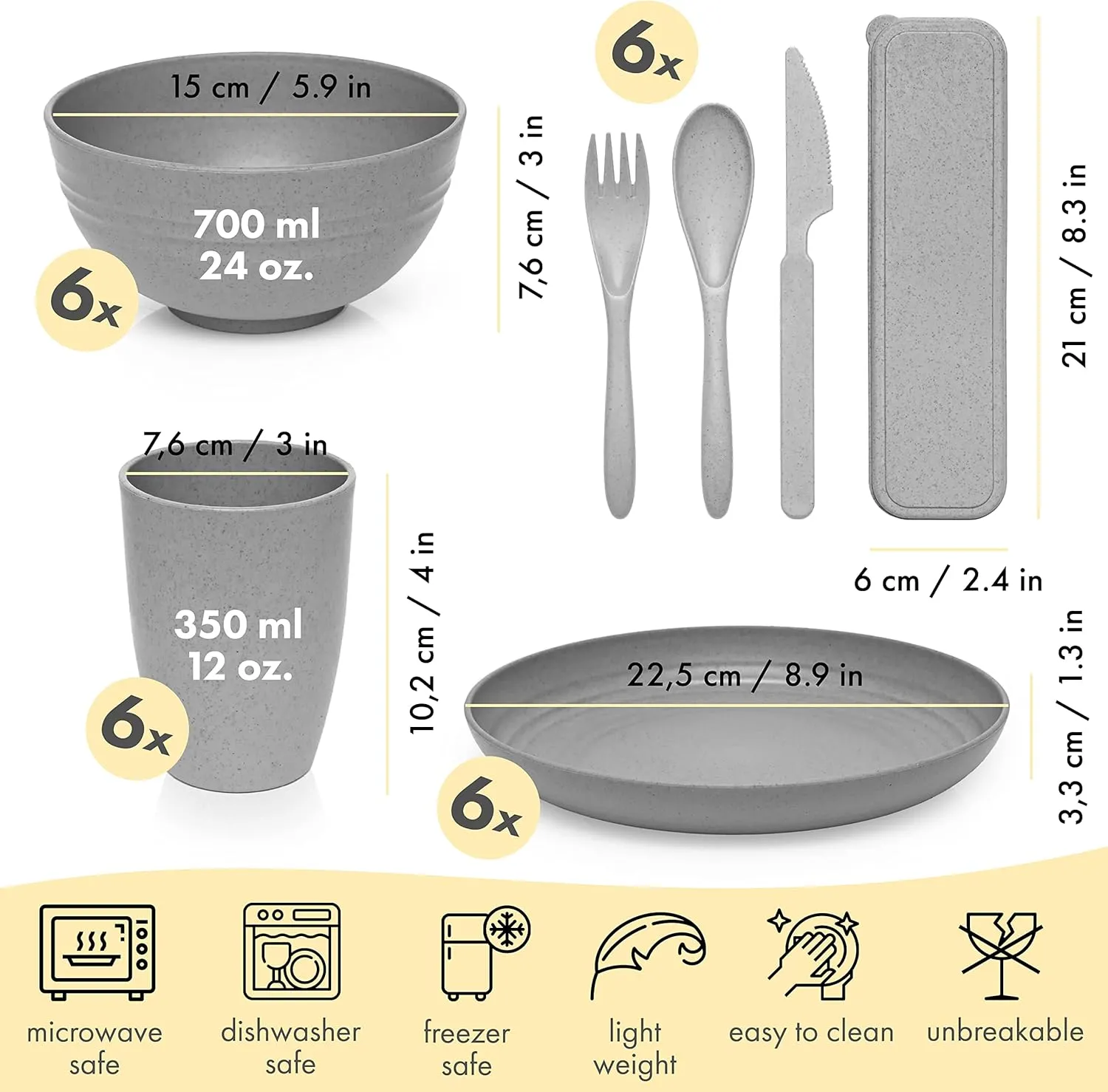 FOODLE Wheat Straw Dinnerware Set - BPA Free & Safety Certified - Unbreakable, Microwave & Dishwasher Safe - Dorm & RV Dishes - Camping Plates Cups and Bowls Set - Great for Kids & Adults - For 6