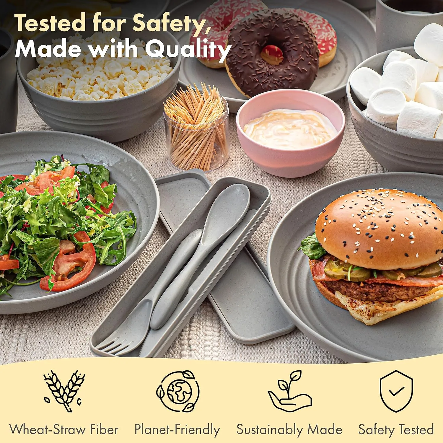 FOODLE Wheat Straw Dinnerware Set - BPA Free & Safety Certified - Unbreakable, Microwave & Dishwasher Safe - Dorm & RV Dishes - Camping Plates Cups and Bowls Set - Great for Kids & Adults - For 6