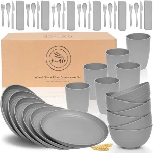 FOODLE Wheat Straw Dinnerware Set - BPA Free & Safety Certified - Unbreakable, Microwave & Dishwasher Safe - Dorm & RV Dishes - Camping Plates Cups and Bowls Set - Great for Kids & Adults - For 6