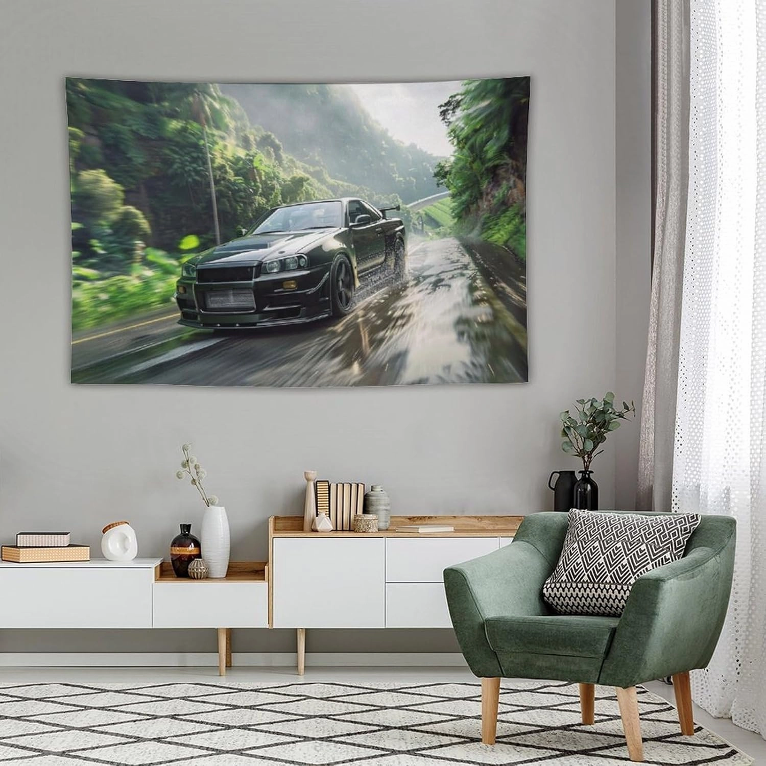 FoRes Car Tapestry Crossing The Jungle Jdm Car R34 Wall Hanging Bedroom Home Decor Tapestries Aesthetic Picnic Wall Decor Wall Art for Dorm Living Room 60"x90"