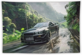FoRes Car Tapestry Crossing The Jungle Jdm Car R34 Wall Hanging Bedroom Home Decor Tapestries Aesthetic Picnic Wall Decor Wall Art for Dorm Living Room 60"x90"