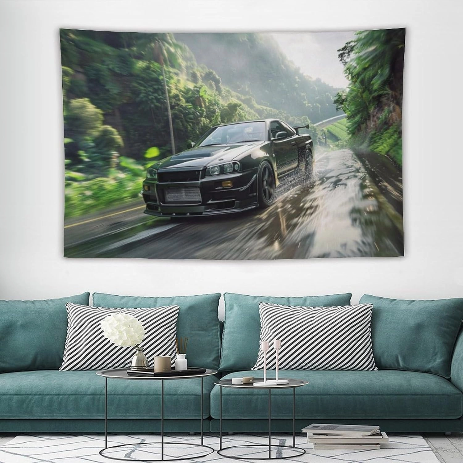 FoRes Car Tapestry Crossing The Jungle Jdm Car R34 Wall Hanging Bedroom Home Decor Tapestries Aesthetic Picnic Wall Decor Wall Art for Dorm Living Room 60"x90"