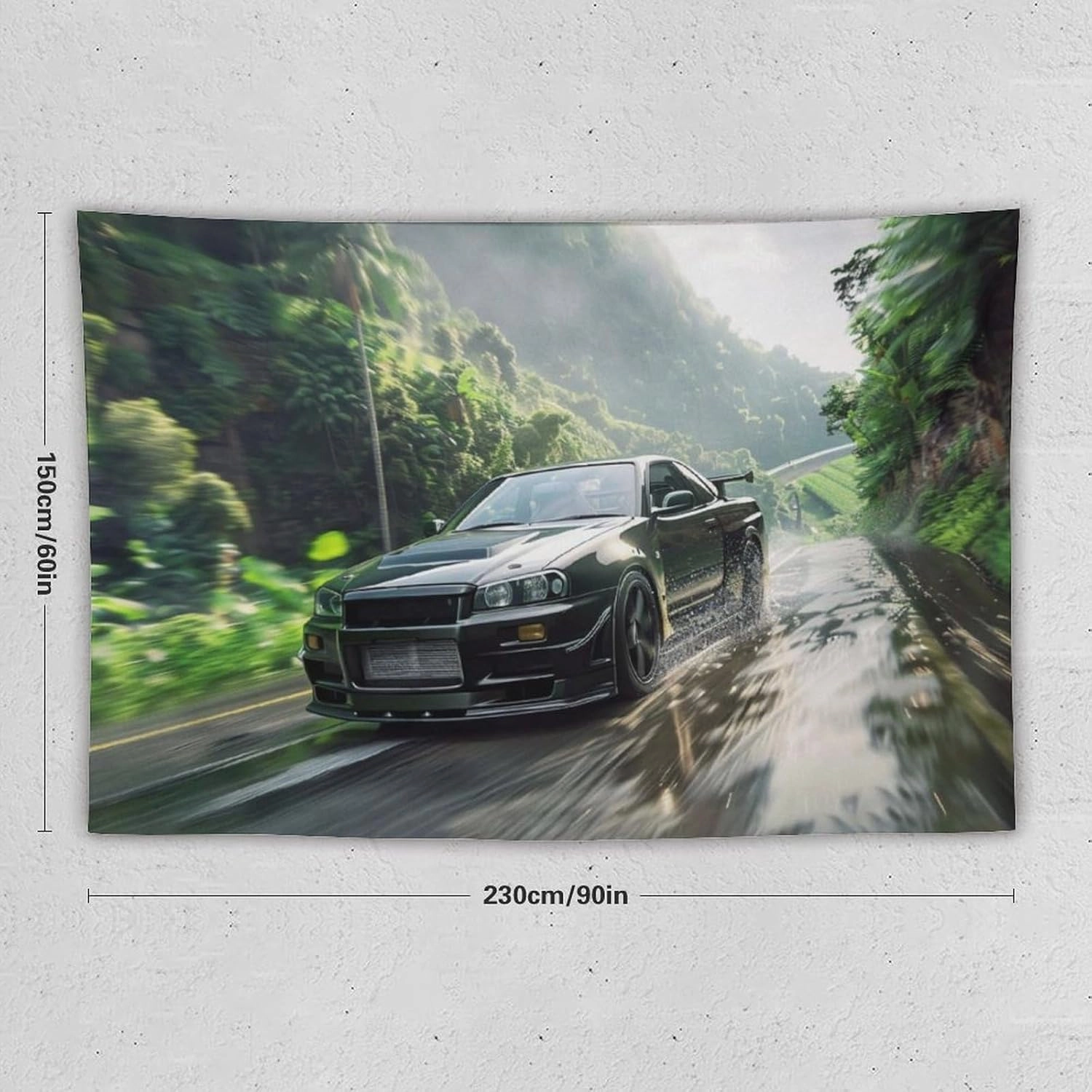 FoRes Car Tapestry Crossing The Jungle Jdm Car R34 Wall Hanging Bedroom Home Decor Tapestries Aesthetic Picnic Wall Decor Wall Art for Dorm Living Room 60"x90"