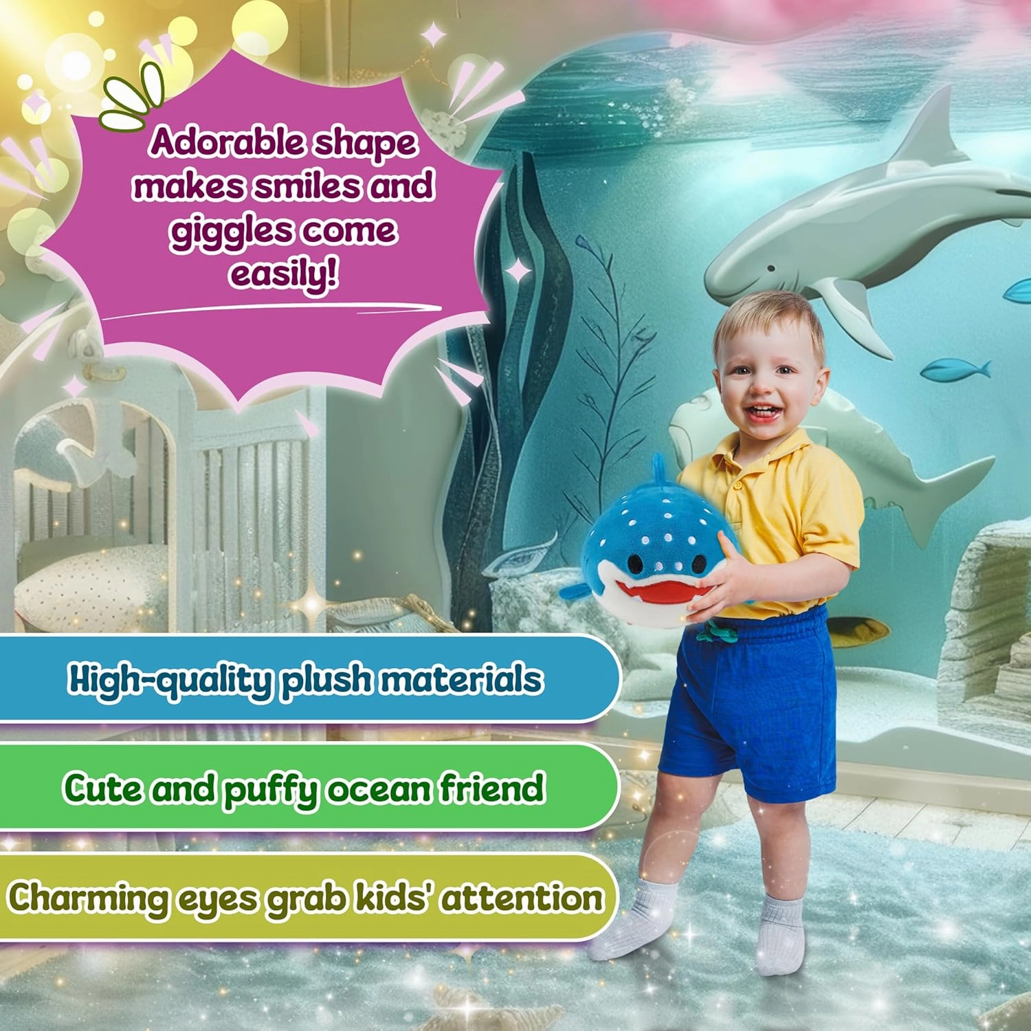 Forest & Twelfth 8” Ocean Animal Puffer, Soft & Puffy Mini Whale Shark Stuffed Toy, Soft Plush Squishy Marine Animal Toys, Ultra Soft Stuffing, Great Gift Ideas for Kids (Whale Shark)