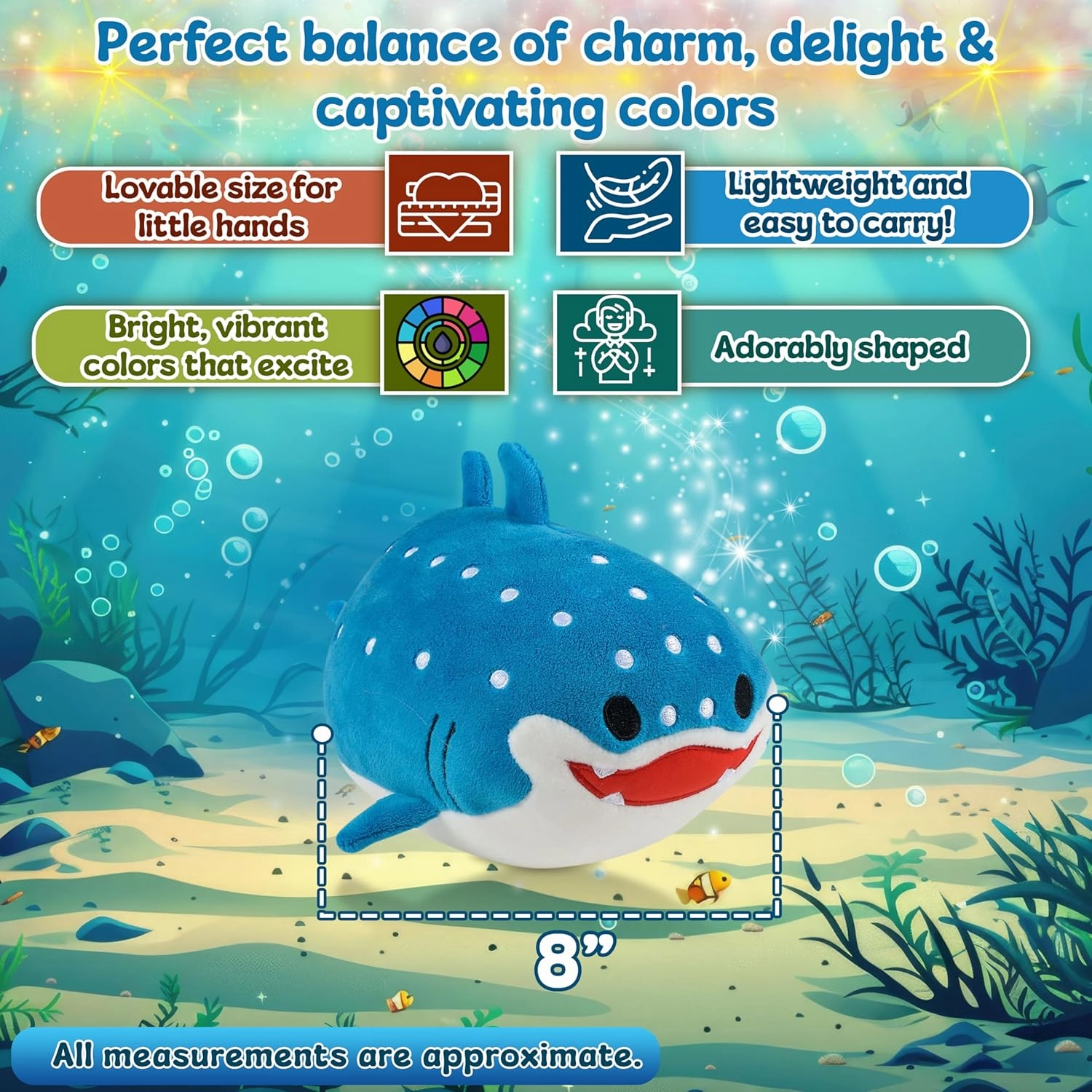 Forest & Twelfth 8” Ocean Animal Puffer, Soft & Puffy Mini Whale Shark Stuffed Toy, Soft Plush Squishy Marine Animal Toys, Ultra Soft Stuffing, Great Gift Ideas for Kids (Whale Shark)