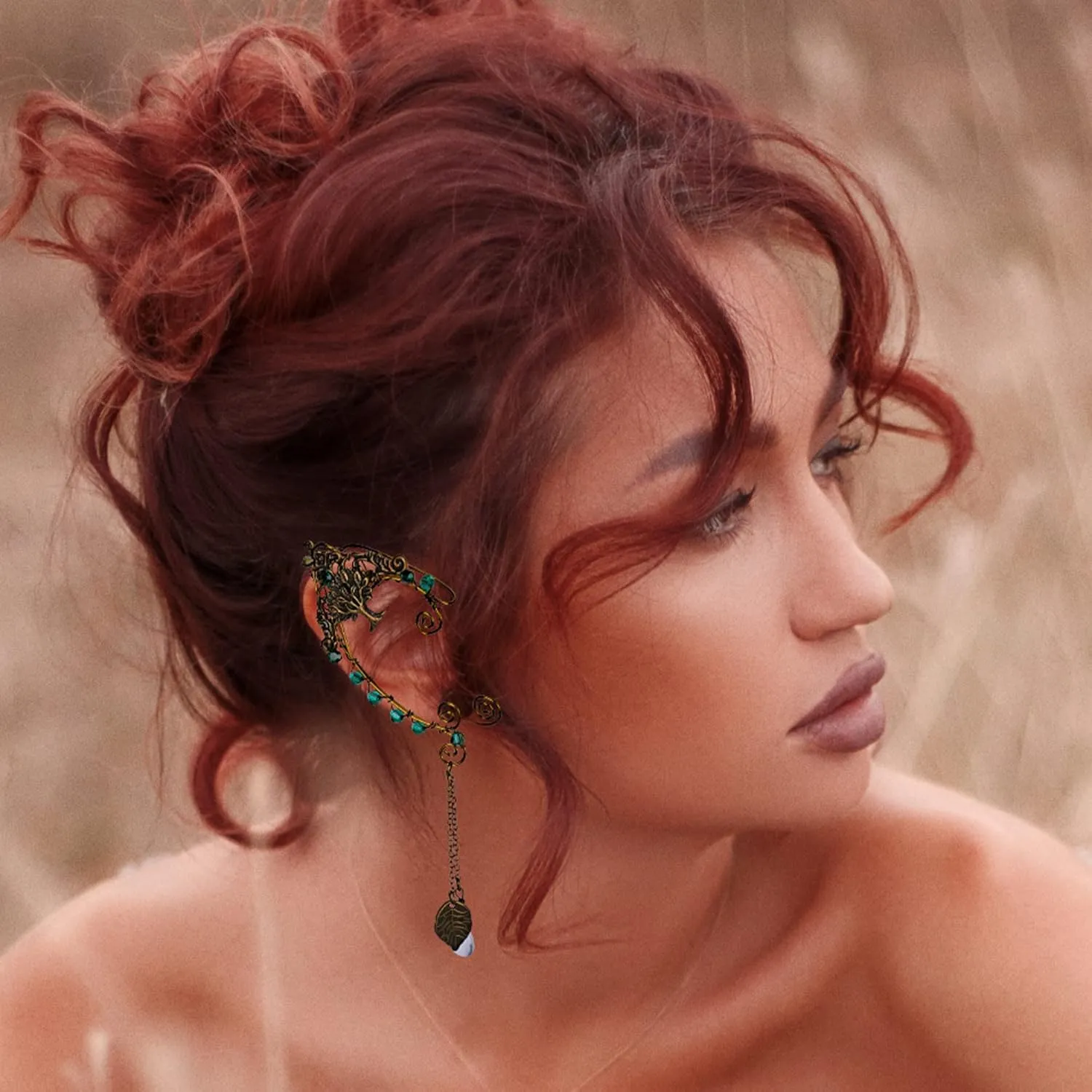 FRESHME Fairy Elf Ear Cuffs - Handmade Bronze Antique Vintage Cuffs Drop Dangling Ear Clips Wraps for Women s Costume