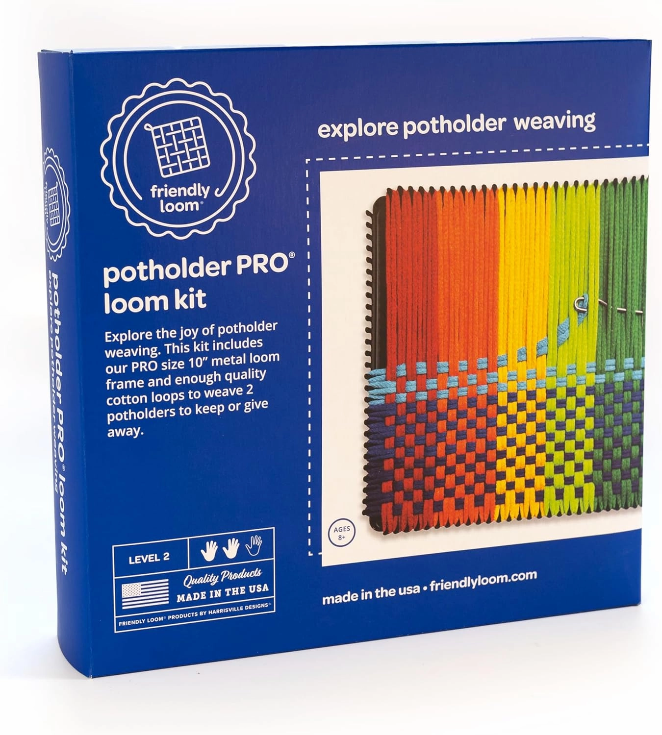 Friendly Loom Potholder Pro Weaving Kit | 10”x10” Sturdy Metal Loom and Quality Cotton Weaving Loops | Complete Kit to Weave 2 Large, Durable Potholders | Made in The USA