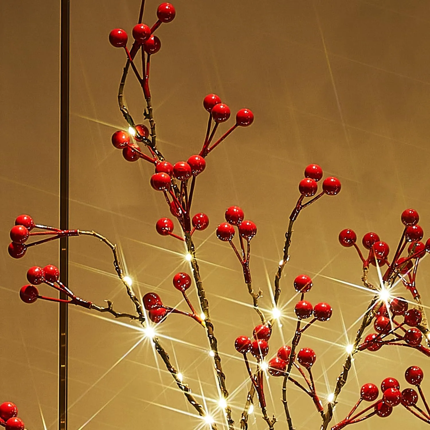 Fudios Lighted Red Berry Branches 80 LED Fairy Lights with Timer USB Plug in or Battery Operated, Artificial Twig Branches with Lights 32IN Christmas Home Fireplace Mantle Decoration