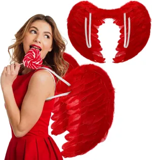 Funtery 2 PC Valentine's Cupid Costume Red Angel Wings Cupid Feather Wings Cupid Costume Angel Wings Devil Wings for Halloween Christmas Cosplay Party Costume Accessories Women Men