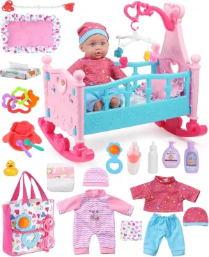 GAGAKU Baby Doll Set - 12" Toy with Crib Bed, 22Pcs Accessories Care Playset Including Cradle, Diaper, Feeding Set - Gift for 3  Year Old Girls Boys