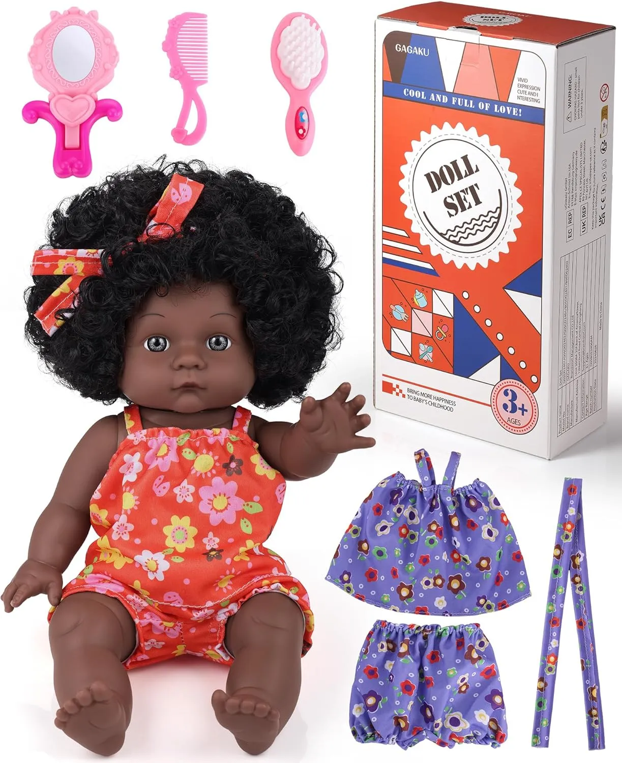 GAGAKU Black Baby Doll for 3 4 5 6 Years Old,12 inch Black Baby Dolls for Girls with Curly Hair, 2-Sets Doll Clothes,Small Baby Dolls for Toddlers Kids and Girls Holiday Birthday