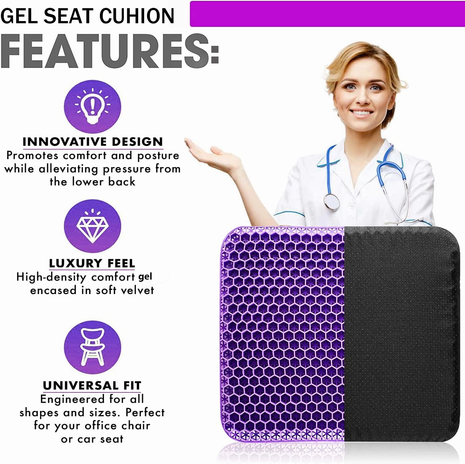 Gel Seat Cushion for Long Sitting Pressure Relief (Super Large & Thick) - Non-Slip Gel Chair Cushion for Back, Sciatica, Tailbone Pain Relief - Seat Cushion for Office Desk Chair, Car, Wheelchair