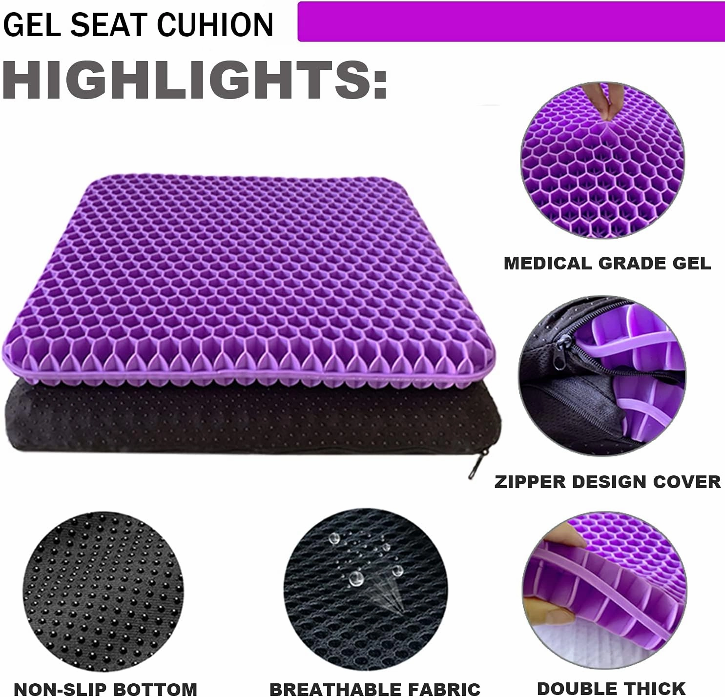 Gel Seat Cushion for Long Sitting Pressure Relief (Super Large & Thick) - Non-Slip Gel Chair Cushion for Back, Sciatica, Tailbone Pain Relief - Seat Cushion for Office Desk Chair, Car, Wheelchair