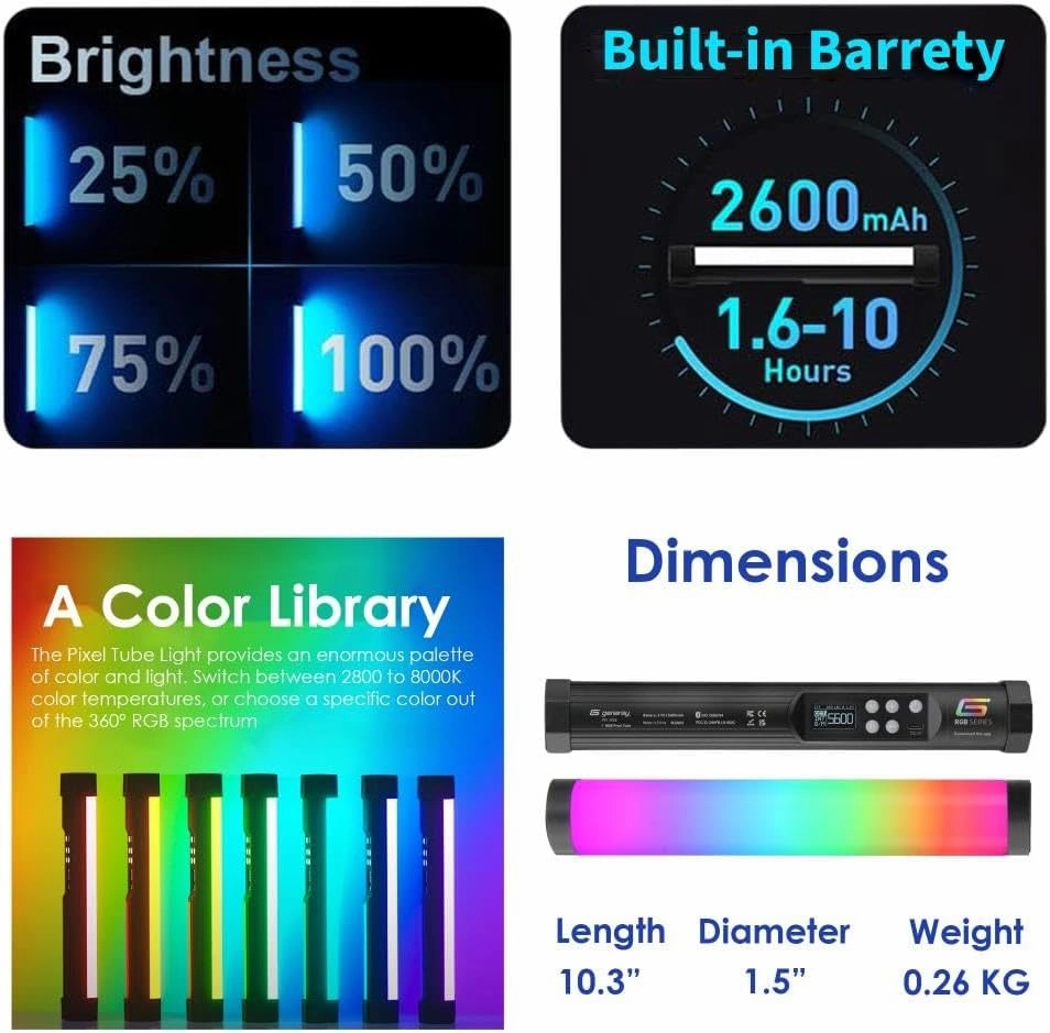 GENARAY 1' RGB LED Tube Light for Photography - Rechargeable Full Color Portable Video Light w/App Control, 2800-8000K CCT HSI Modes, Customize 10 Lighting & 7 Pixel Effects, CRI 96, TLCI 99, 103 Lux