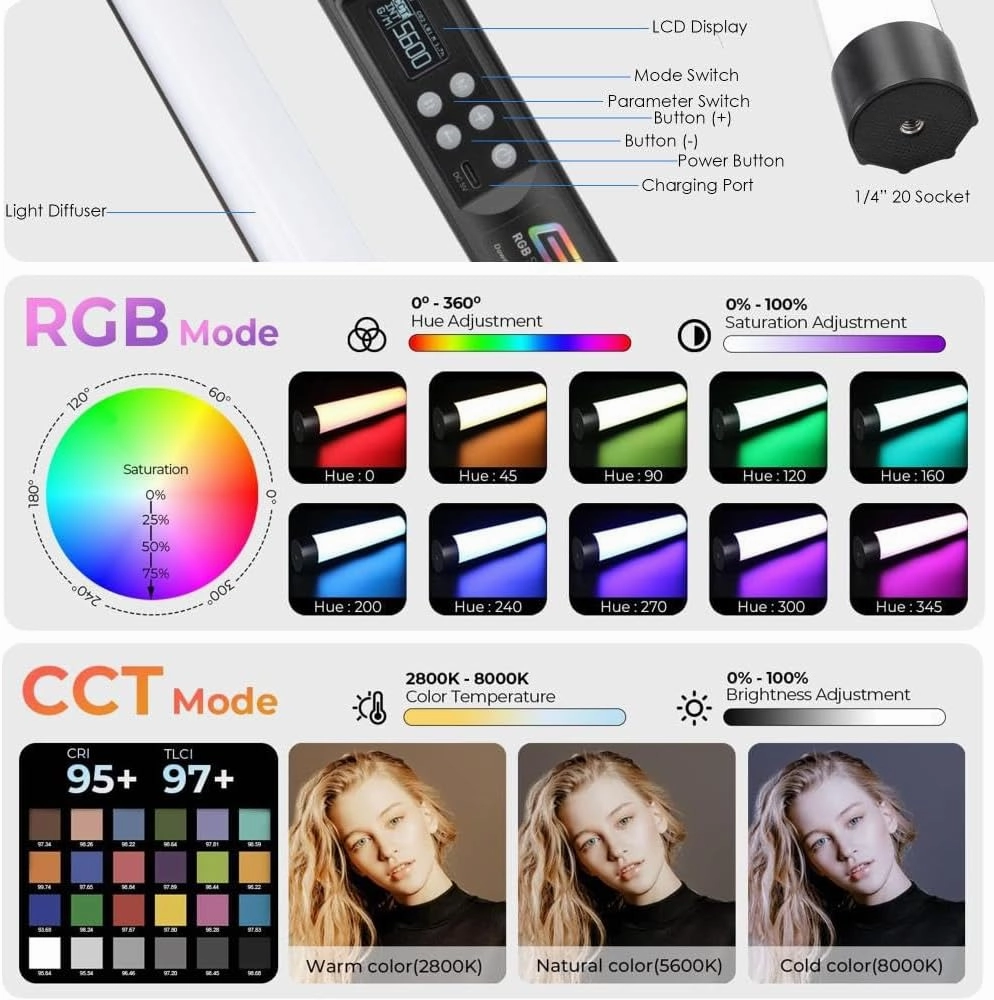 GENARAY 1' RGB LED Tube Light for Photography - Rechargeable Full Color Portable Video Light w/App Control, 2800-8000K CCT HSI Modes, Customize 10 Lighting & 7 Pixel Effects, CRI 96, TLCI 99, 103 Lux