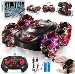 Gesture Sensing RC Stunt Car with LED Lights, Double-Sided Flips Driving 360° Rotating, Sidesway, 2.4GHz 4WD Hand Controlled Remote Control Car for Boy 4-7, 8-12, Birthday Gift for Kids (Red)
