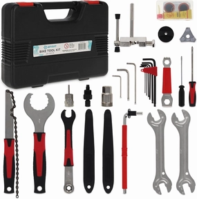 Get Out! Bike Tool Kit Set Portable for Off-Road, Street, and Mountain Bikes - 29pc Bicycle Repair Kit with Tire Patch and Chain Fix Tools for Hollowtech II, ISIS, Octalink Cranksets