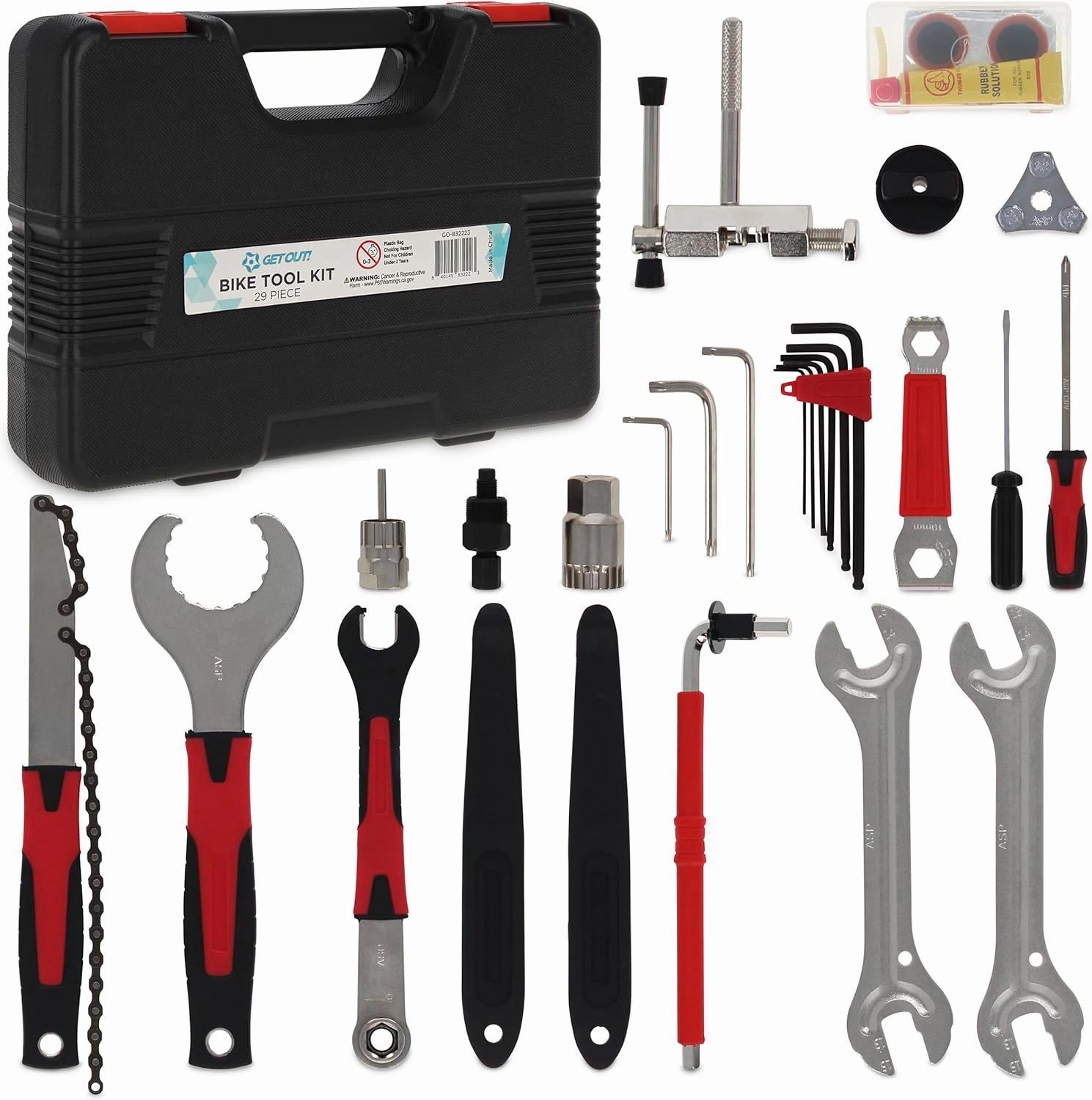 Get Out! Bike Tool Kit Set Portable for Off-Road, Street, and Mountain Bikes - 29pc Bicycle Repair Kit with Tire Patch and Chain Fix Tools for Hollowtech II, ISIS, Octalink Cranksets