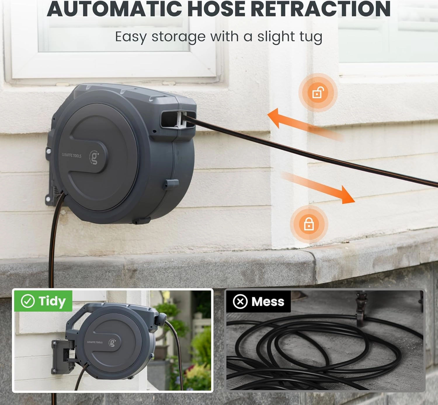 Giraffe Tools AW30 Garden Hose Reel Retractable 1/2" x 100 ft Wall Mounted Water Hose Reel Automatic Rewind, Any Length Lock, 100 ft, Dark Grey