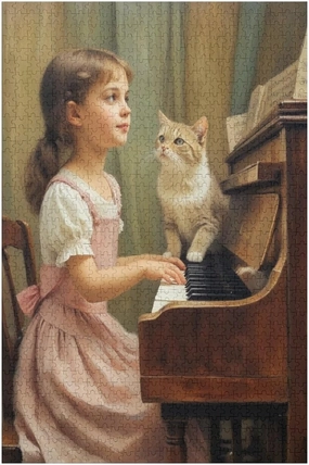 Girl and Cat Play The Piano Vintage Oil Painting Jigsaw Puzzles for Adults 500 Pieces Home Decor Birthday Party Gift Toy for Kids Boys Girls Seniors Gift for Women Men 20.5x15 Inch