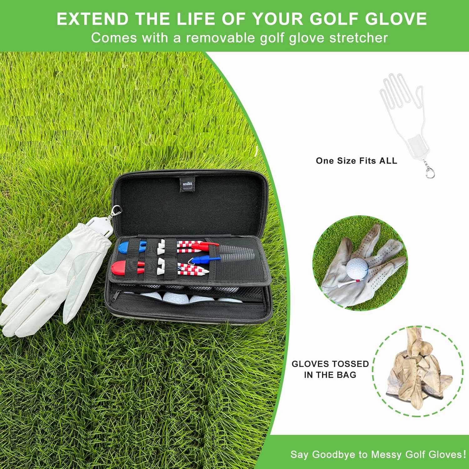 Golf Glove Holder with Removable Golf Glove Shaper Water-Resistant Protective Hard Shell golf bag holder for Phone,Tees, Ball Markers,Repair Tools,Golf Accessories Golf Gifts for Men (Grey)