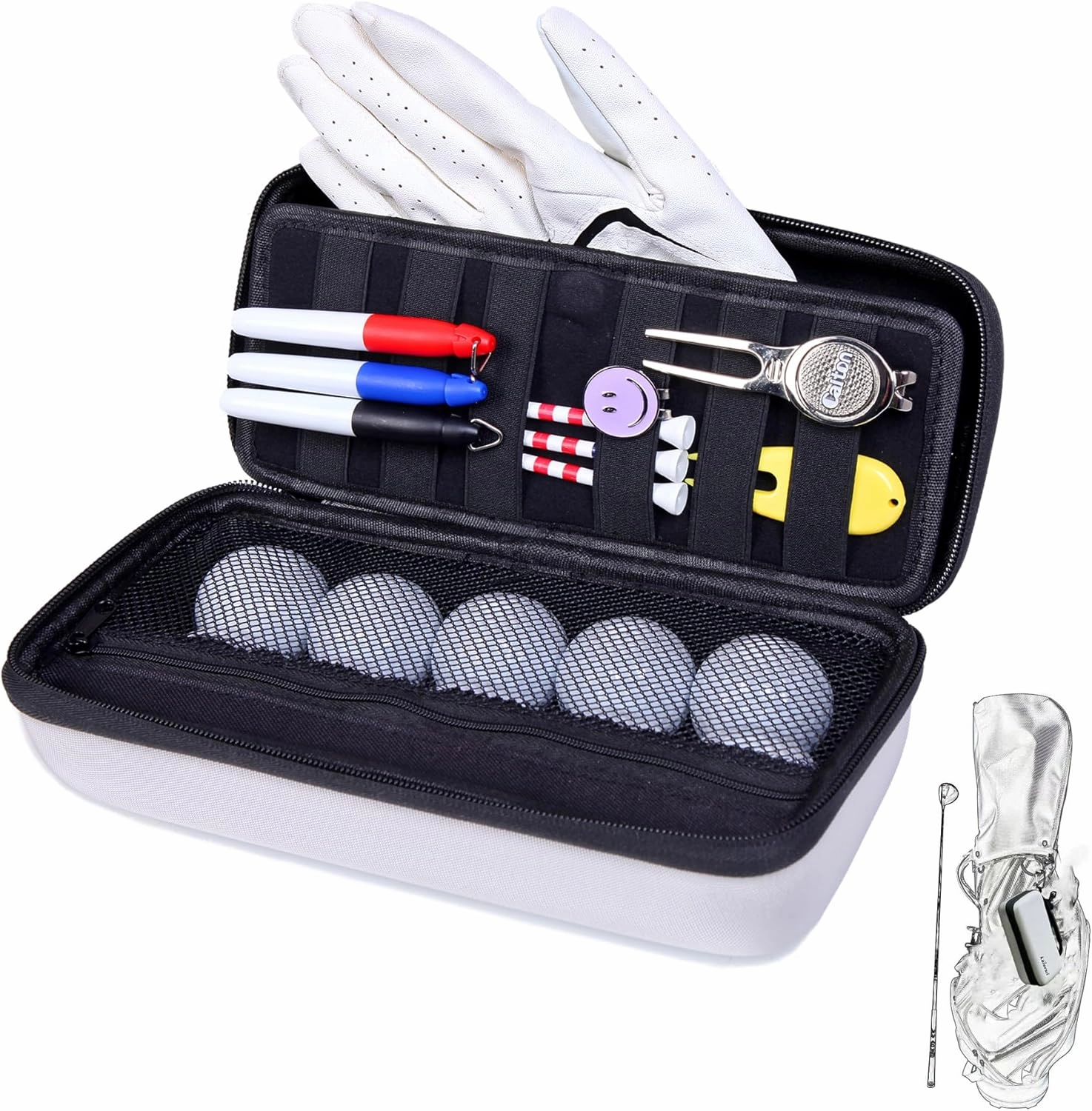 Golf Glove Holder with Removable Golf Glove Shaper Water-Resistant Protective Hard Shell golf bag holder for Phone,Tees, Ball Markers,Repair Tools,Golf Accessories Golf Gifts for Men (Grey)