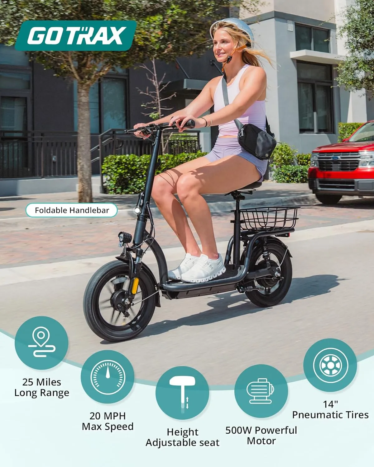 Gotrax Electric Scooter with Seat for Adult, Max 16-25miles Range, 15.5-20mph Power by 350W-500W Motor, Comfortable 14" Pneumatic Tire and Wider Deck & Height Adujustable Seat with Carry Basket