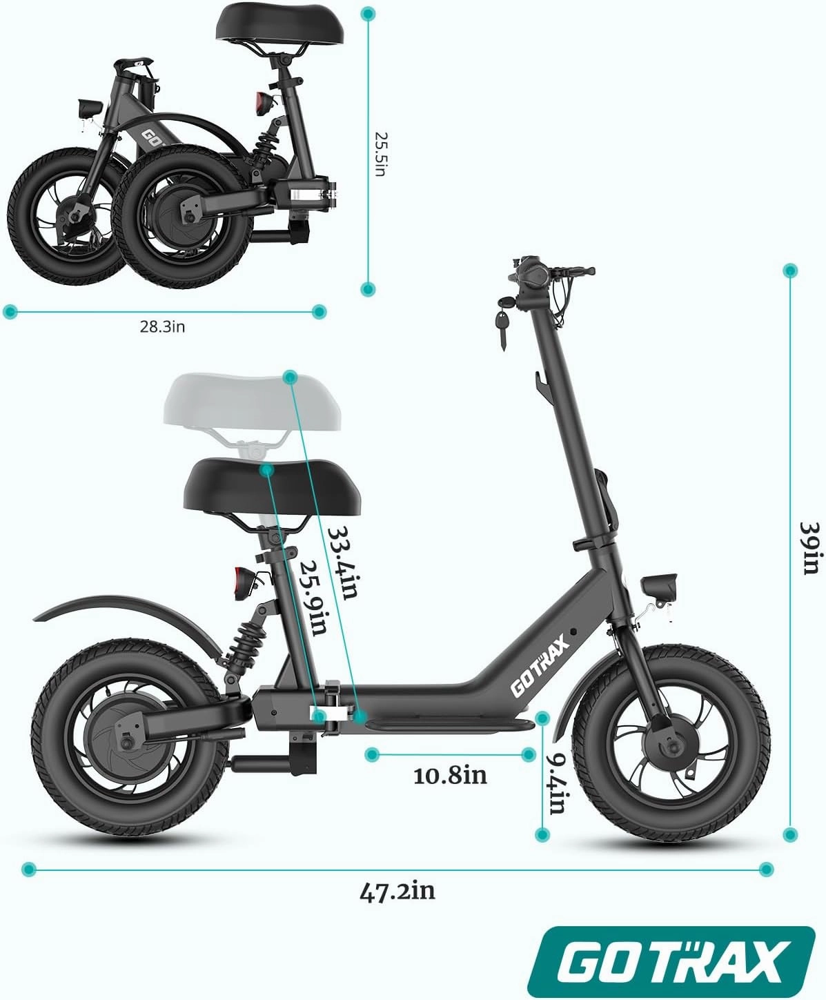 Gotrax A3 Electric Scooter with Seat for Adults, 350W Motor, 15.5MPH Top Speed, Max 9.5 Miles Range, 12" Pneumatic Tire and Height Adujustable Seat, Lightweight and Foldable for Commuting (White)