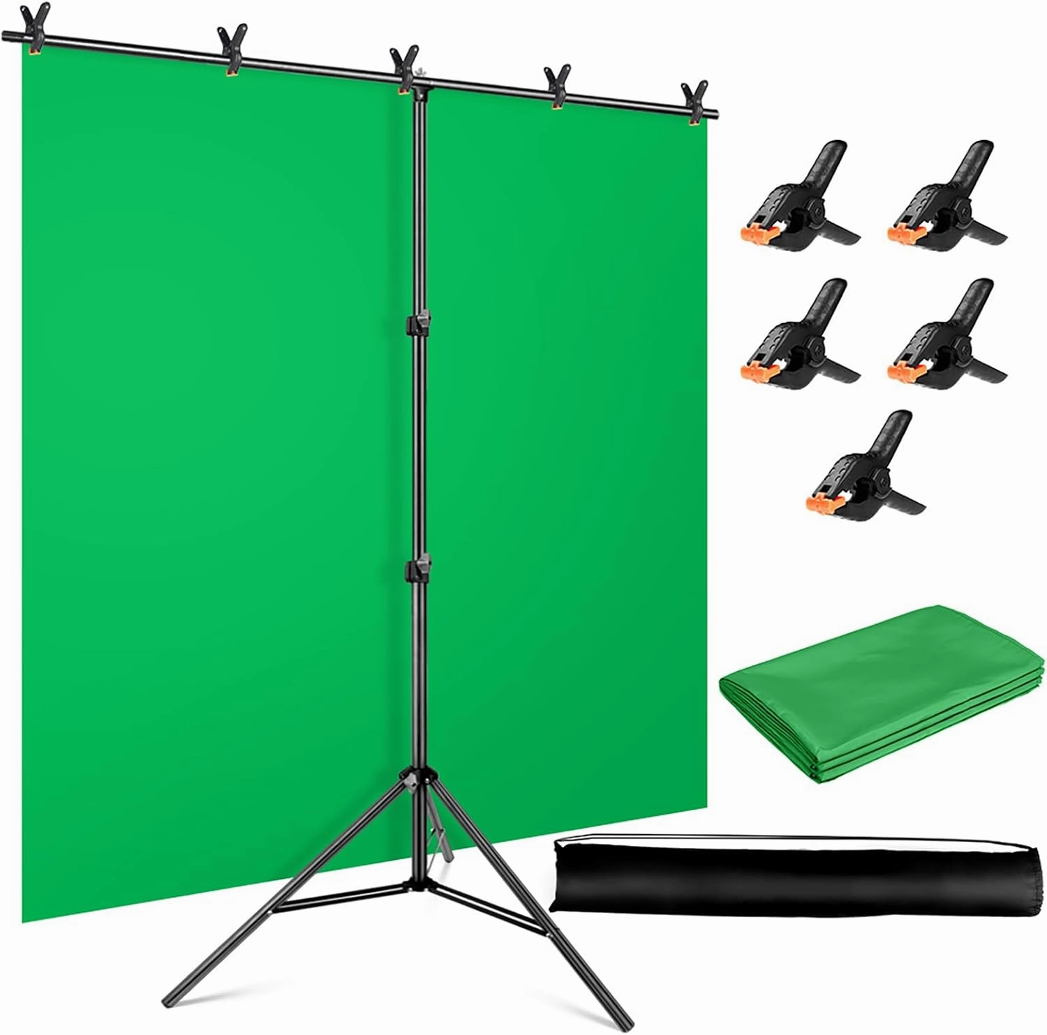 Green Screen Backdrop Kit, 5 x 6.5 ft Portable Chromakey Green Screen with T-Shaped Stand & Carrying Bag & 5 Clamps, Greenscreen Background for Streaming, Gaming, Zoom