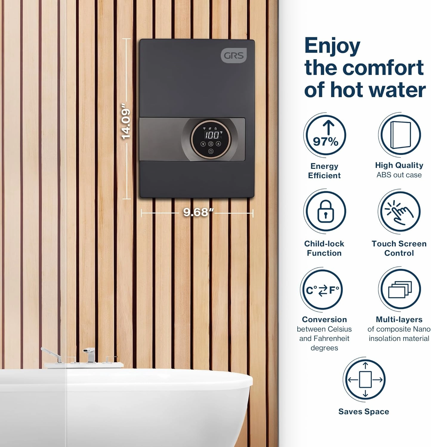 GRS Tankless Water Heater Electric, 13KW 240 Volt. Instant Hot Water Heater, 24-Hour Hot Water Supply for Shower, Kitchen | Easy Installation, Digital Display