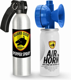 Guard Dog Security Pepper Spray Self Defense and Air Horn, Maximum Strength Home Defense Spray Pistol Grip and Loud Horn, Easy Access Outdoor Personal Protection, Crowd Control