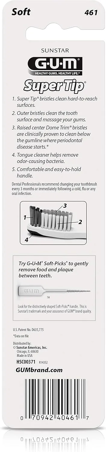 GUM Super Tip Toothbrush, Soft Bristle Toothbrush for Adults with Tongue Cleaner, Compact Head, 2ct (6pk)