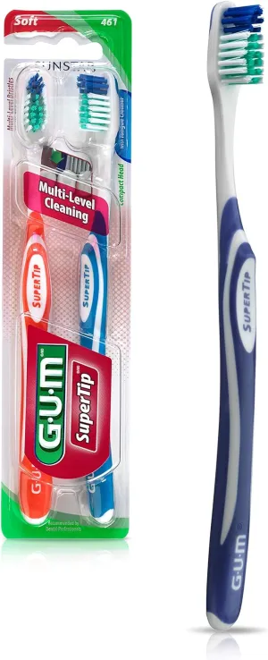 GUM Super Tip Toothbrush, Soft Bristle Toothbrush for Adults with Tongue Cleaner, Compact Head, 2ct (6pk)
