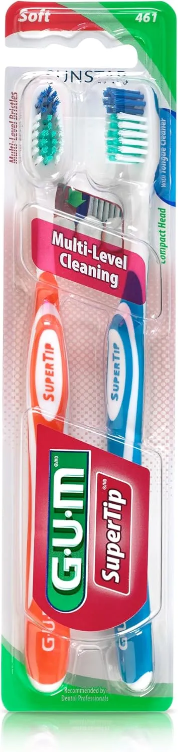 GUM Super Tip Toothbrush, Soft Bristle Toothbrush for Adults with Tongue Cleaner, Compact Head, 2ct (6pk)