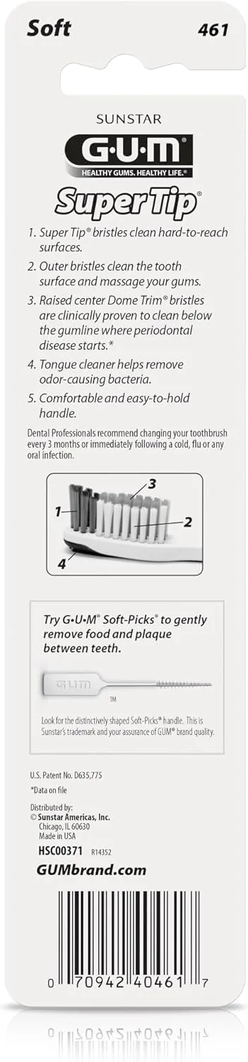 GUM Super Tip Toothbrush, Soft Bristle Toothbrush for Adults with Tongue Cleaner, Compact Head, 2ct (6pk)