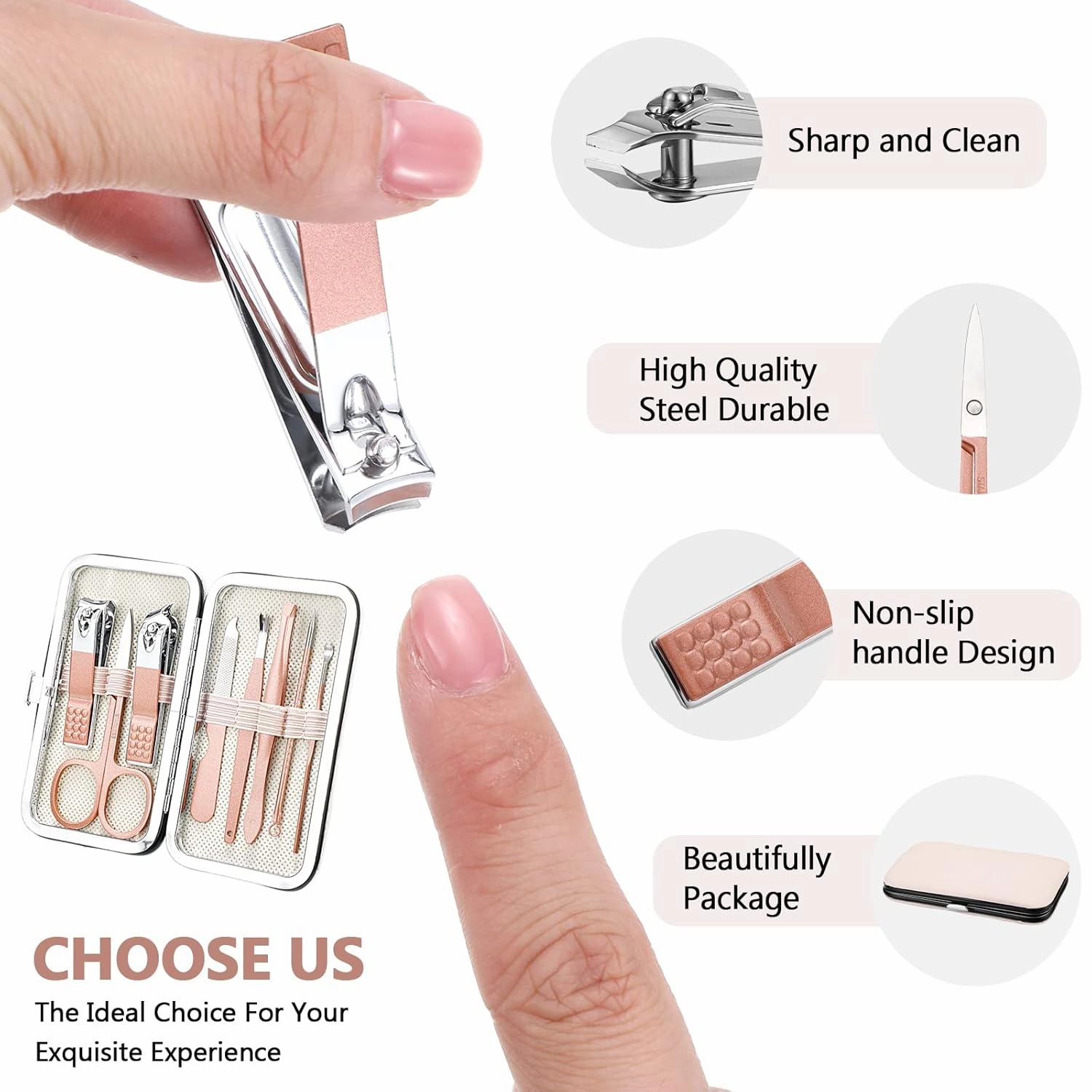 Hanaive 6 Set Manicure Set 48Pcs Nail Clippers Pedicure Kit 8 in 1 Stainless Steel Grooming Kit Professional Nail Care Tools with Luxurious Travel Case for Gift Men Women Father's Day(Rose Gold)