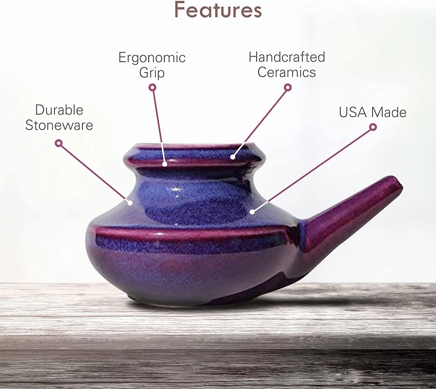 Handcrafted Ceramic Neti Pot - Sinus Tool Kit for Home - Nose & Nasal Cleaner - Dishwasher Safe - Durable Ceramic Neti Pot- Food Grade Ceramic Glazes - Lightweight - Made in USA - 10oz (Purple)