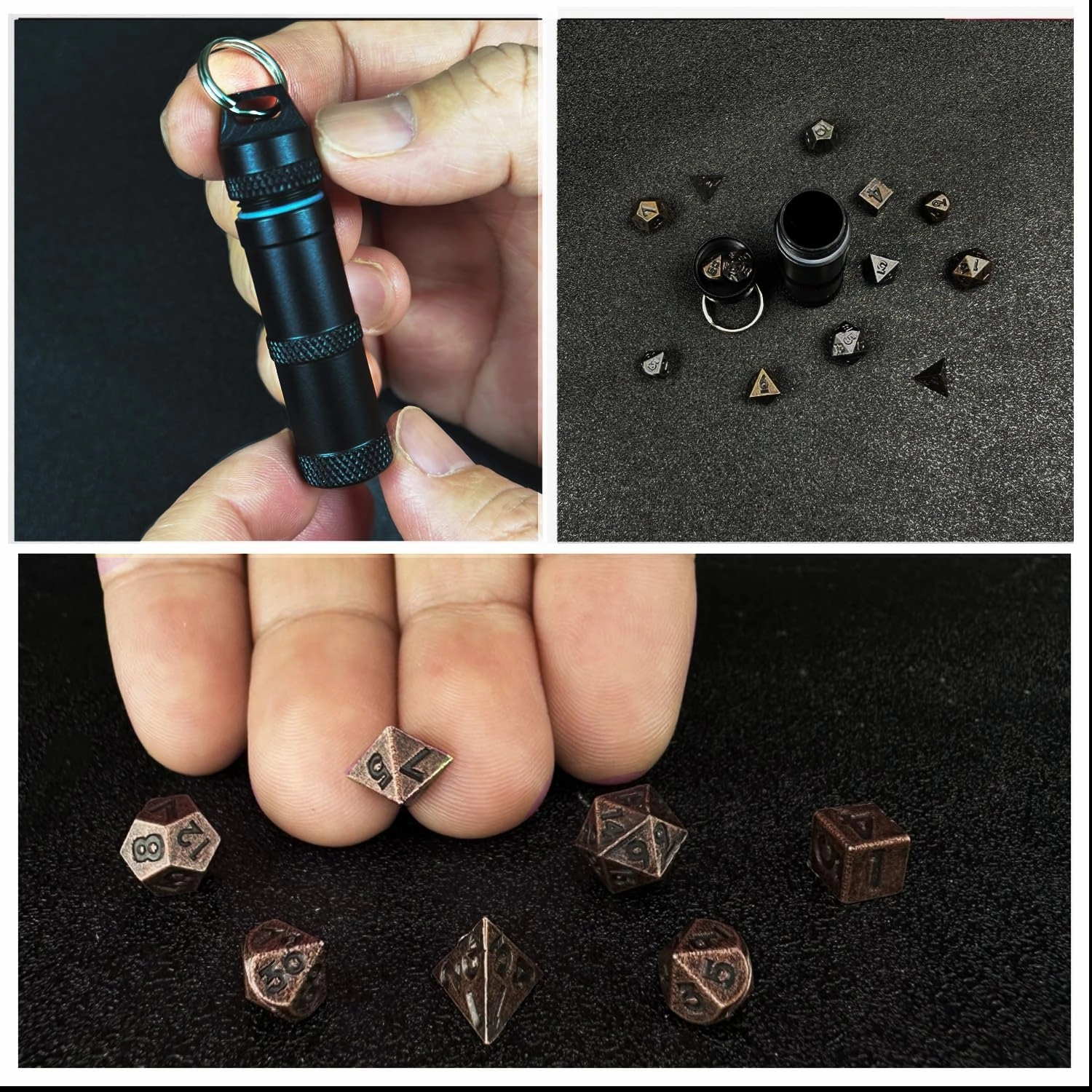 HAOMEJA DND Mini Metal Dice Set 14pcs Small Polyhedral D&D Dice with Portable Dice Box & Necklace & Keychain Portable & Gift Bag Apply to Dungeons and Dragons Dice (Mini Red Copper   Lron & Black)