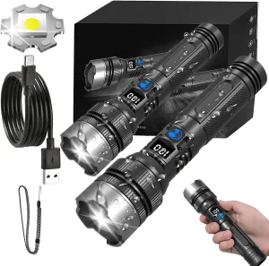 Happytion Flashlight, Portable Survival Flashlight, 150000 Lumens, Super Bright Spotlight Long-Range Flashlights, Rechargeable Waterproof Flashlights, Zoomable Torch for Outdoor Camping (2PCS)